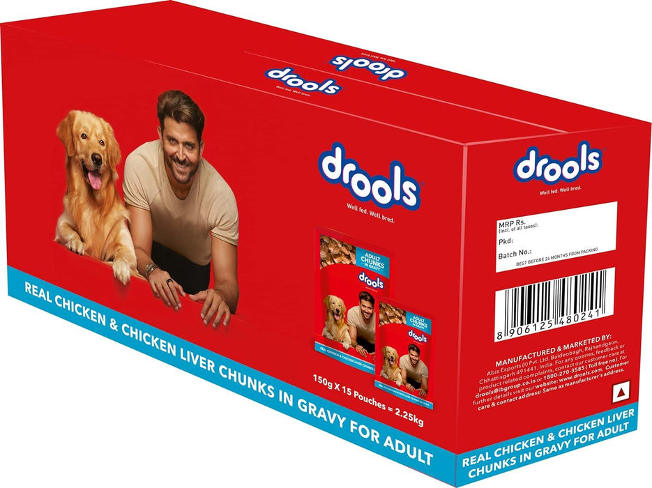 Drools Real Chicken & Chicken Liver Chunks in Gravy for Adult Dogs Wet Food - Ofypets