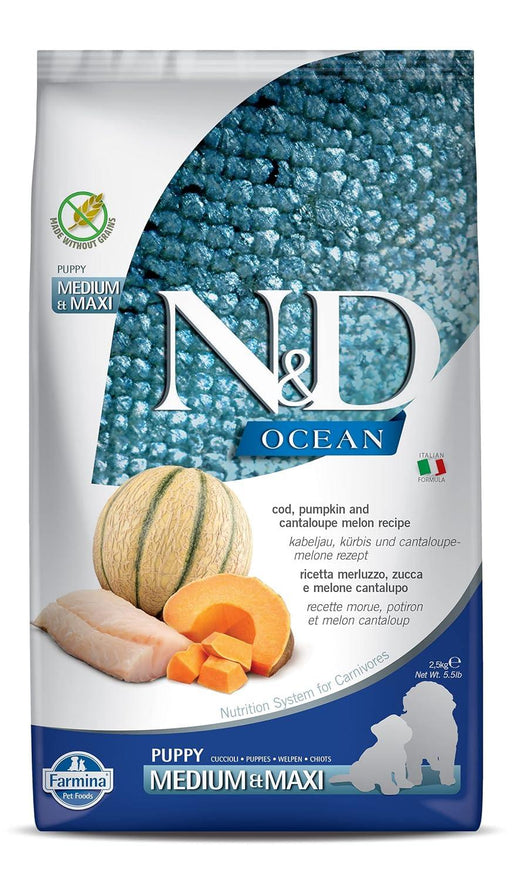 Farmina N&D Ocean Grain Free Cod, Pumpkin and Cantaloupe Melon Medium and Maxi Puppy Dog Food - Ofypets