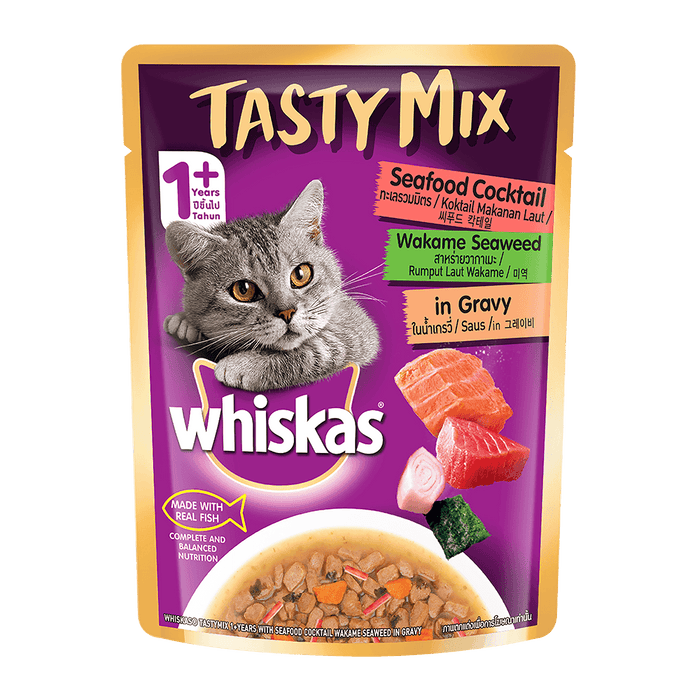 Whiskas Tasty Mix Seafood Cocktail Wakame Seaweed in Gravy Cat Wet Food - Ofypets